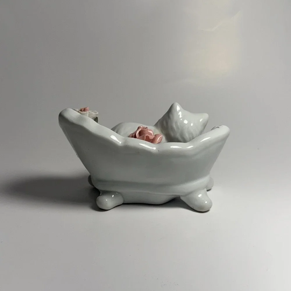 Vintage Porcelain Persian Cat Sleeping on Couch Floral Figurine 4.75